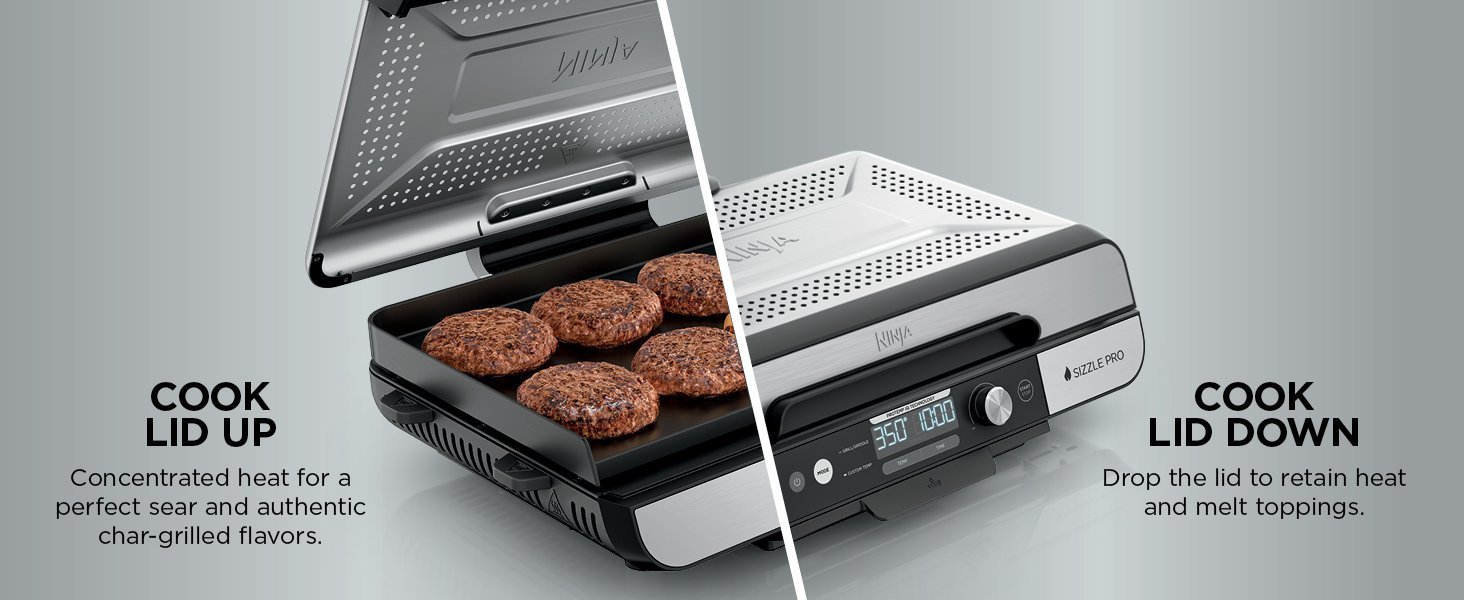 Ninja Sizzle Pro XL Indoor Grill & Flat Plate – Non-Stick Ceramic Plates, Detachable Lid, Grease Catch & Recipe Guide (Silver/Black GX101UK) – Bild 3