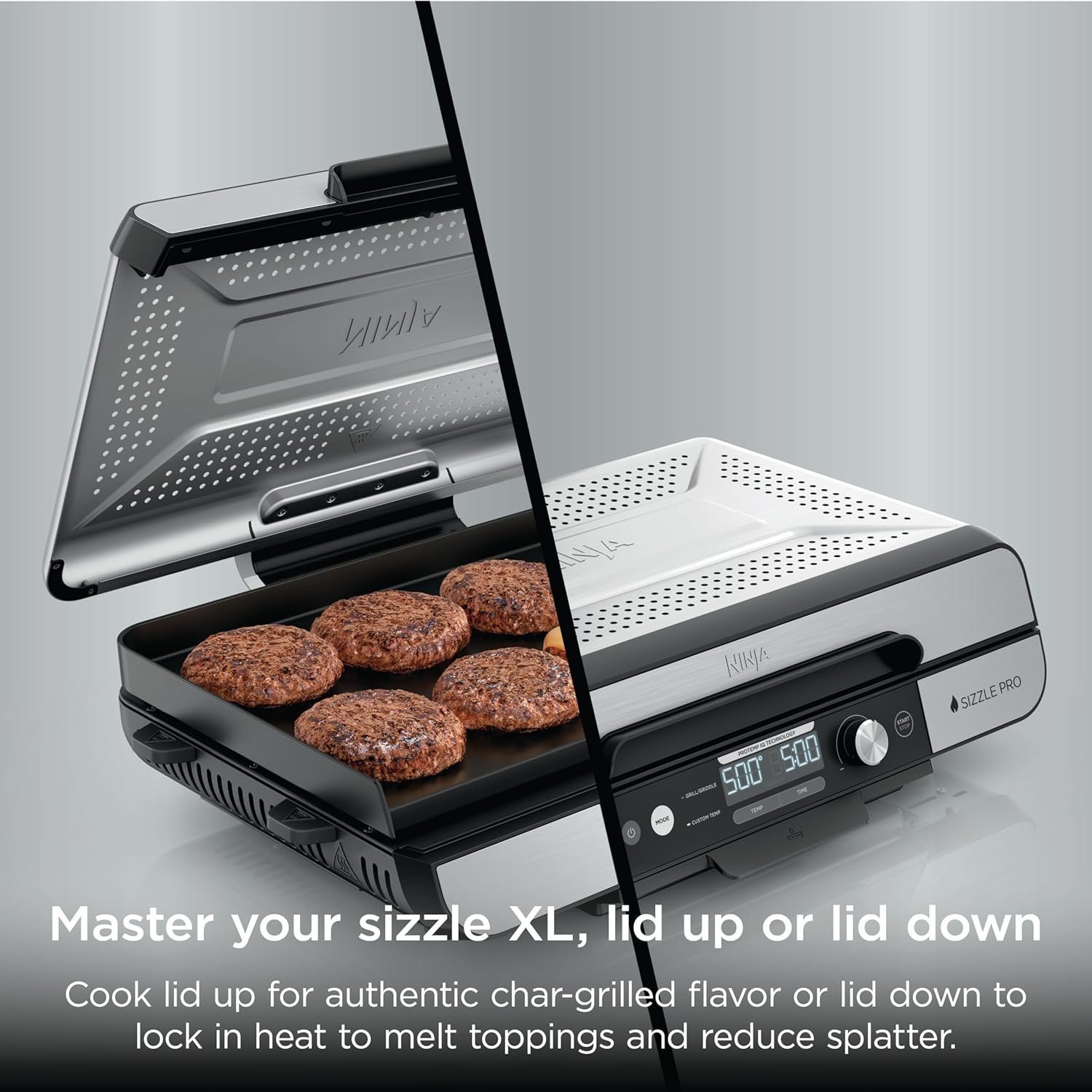 Ninja Sizzle Pro XL Indoor Grill & Flat Plate – Non-Stick Ceramic Plates, Detachable Lid, Grease Catch & Recipe Guide (Silver/Black GX101UK) – Bild 5
